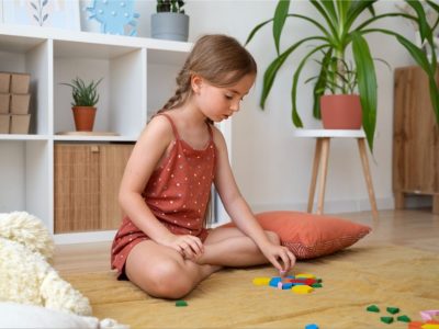 Дете слуша английски, докато играе вкъщи