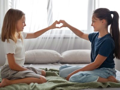 Две момичета образуват сърце с ръцете си