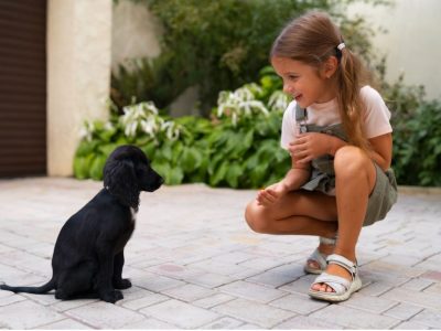 малко момиче с черно кученце