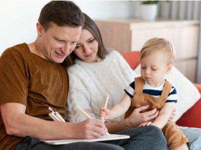 майка, баща и дете рисуват с моливи